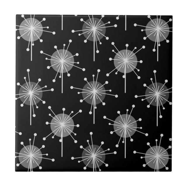 Sputnik Starburst Flowers Black Grått Kakelplatta (Framsidan)