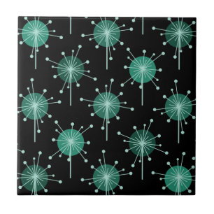 Sputnik Starburst Flowers Black Teal Kakelplatta
