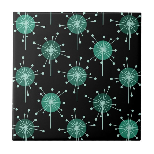 Sputnik Starburst Flowers Black Teal Kakelplatta (Framsidan)