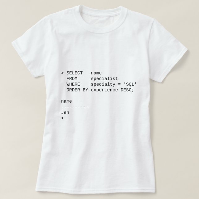 SQL Database Specialist: Jen Tee Shirt (Design framsida)