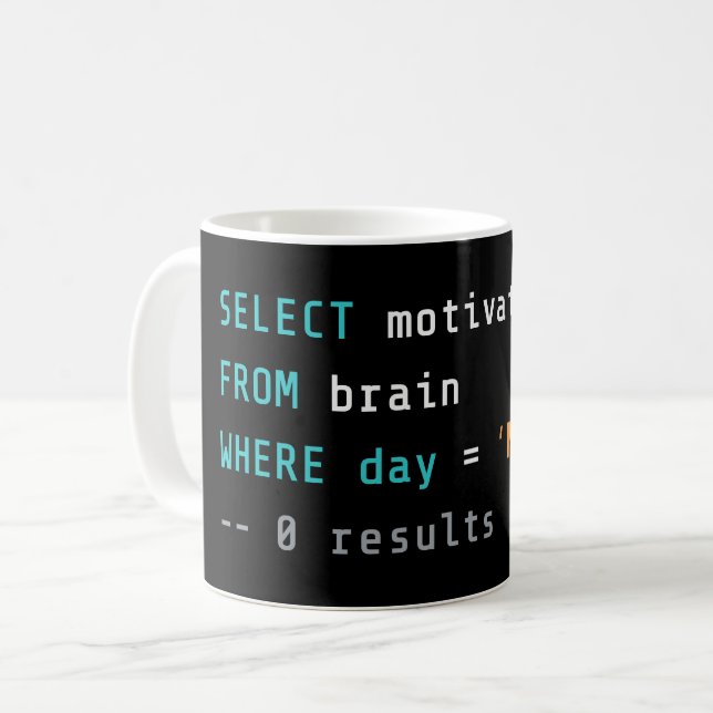 SQL Måndag Noll Motivation Kaffemugg (Framsida vänster)
