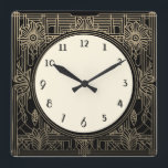 Square Art Deco Clock i Black and Beige Guld Fyrkantig Klocka<br><div class="desc">guld-dekoklocka, art nouveau-klocka vit, 1920-kvadrat, snyggt sofistikerad 1920 stil, vintage antique, gammaldags finare, faux golden line art, enkel minimalistisk fyrkantig klocka, minimal mönster-design i elegant</div>