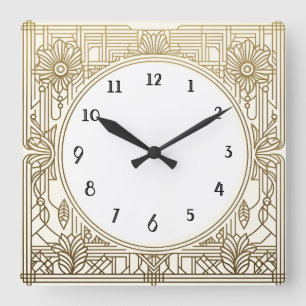 Square Art Deco Clock i Cream White och Guld Fyrkantig Klocka