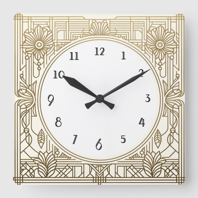 Square Art Deco Clock i Cream White och Guld Fyrkantig Klocka (Framsida)