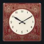 Square Art Deco Clock i Mörk Red och Guld Fyrkantig Klocka<br><div class="desc">Art deco klocka, art nouveau-klocka, guld-kräm, 1920-kvadrat, snyggt sofistikerad 1920 stil, retrovintage antique, gammaldags finare, faux golden line art, enkel minimalistisk fyrkantig klocka, minimal mönster-formgivning i elegant</div>