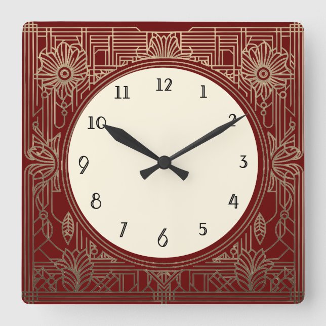 Square Art Deco Clock i Mörk Red och Guld Fyrkantig Klocka (Framsida)