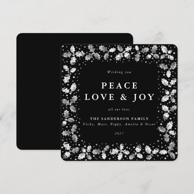Square Black Hand Prated Holly Peace Kärlek + Joy Julkort (Fram/baksida)