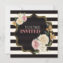 Square Black, Ivory Rand, Blommigt Möhippa Inbjudningar