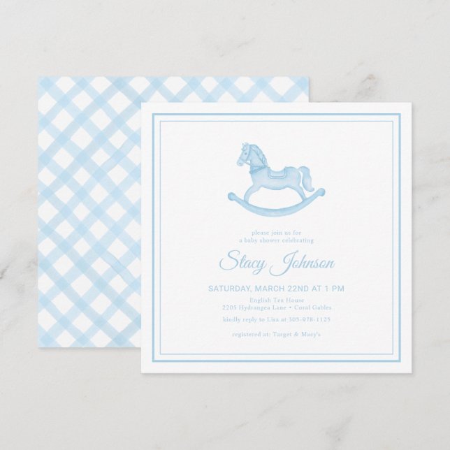 Square Blue Rocking Horse Boy Shower Inbjudan (Fram/baksida)