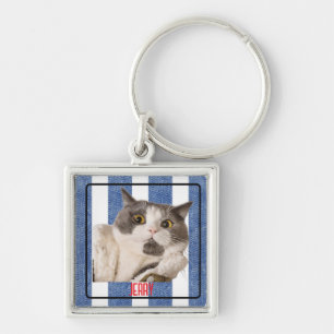 Square Blue White Nautical Rand Pet Metall Fyrkantig Silverfärgad Nyckelring