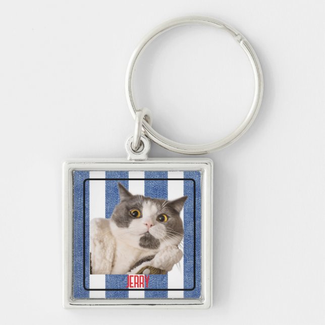 Square Blue White Nautical Rand Pet Metall Fyrkantig Silverfärgad Nyckelring (Framsidan)