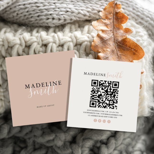 Square Boho Beige Script QR code Fyrkantigt Visitkort (Skapare uppladdad)
