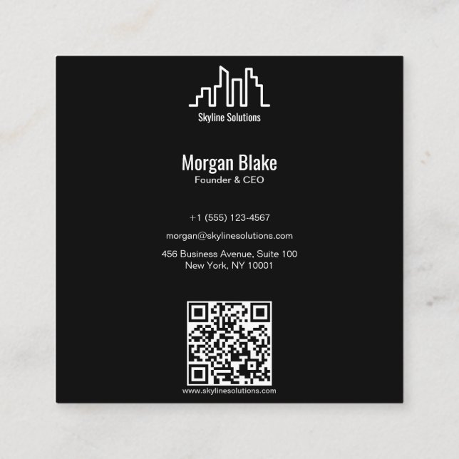 Square Business Card with Minimalist Dark Design Fyrkantigt Visitkort (Baksida)