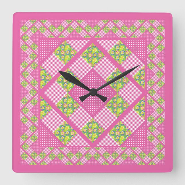 Square Clock: Rosa: Primroses, Polka dots, Gingham Fyrkantig Klocka (Framsida)
