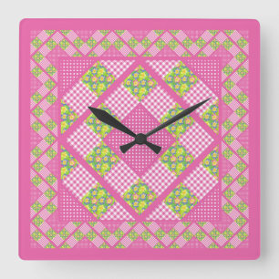 Square Clock: Rosa: Primroses, Polka dots, Gingham Fyrkantig Klocka
