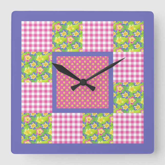Square Clock: Rosa: Primroses, Polka dots, Gingham Fyrkantig Klocka (Framsida)