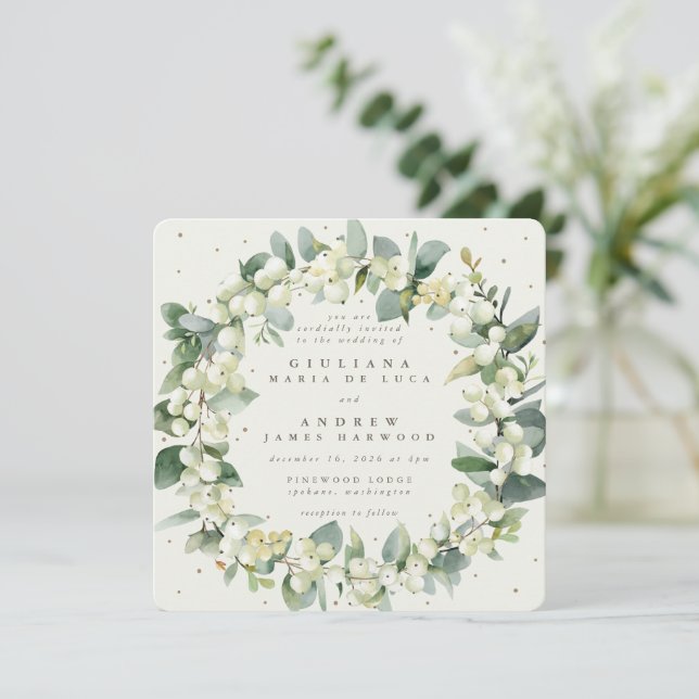 Square Cream Snowberry + Eucalyptus Wandan Bröllop Inbjudningar (Stående Fram)