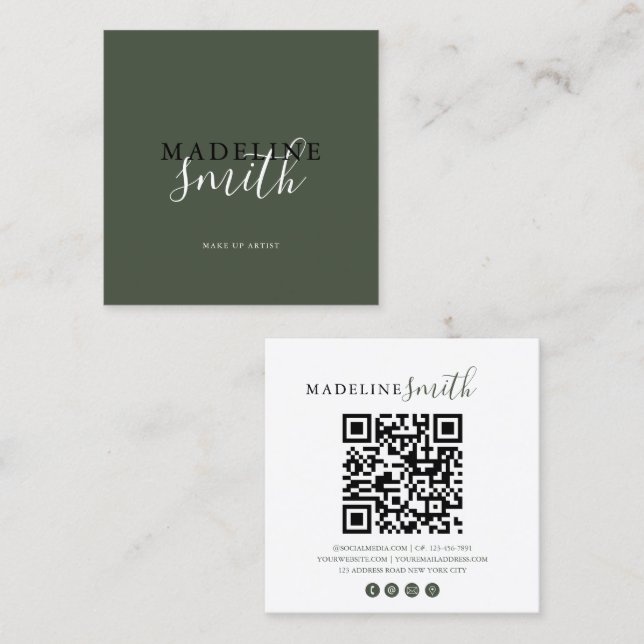 Square Dark Green Script QR code Fyrkantigt Visitkort (Fram/baksida)