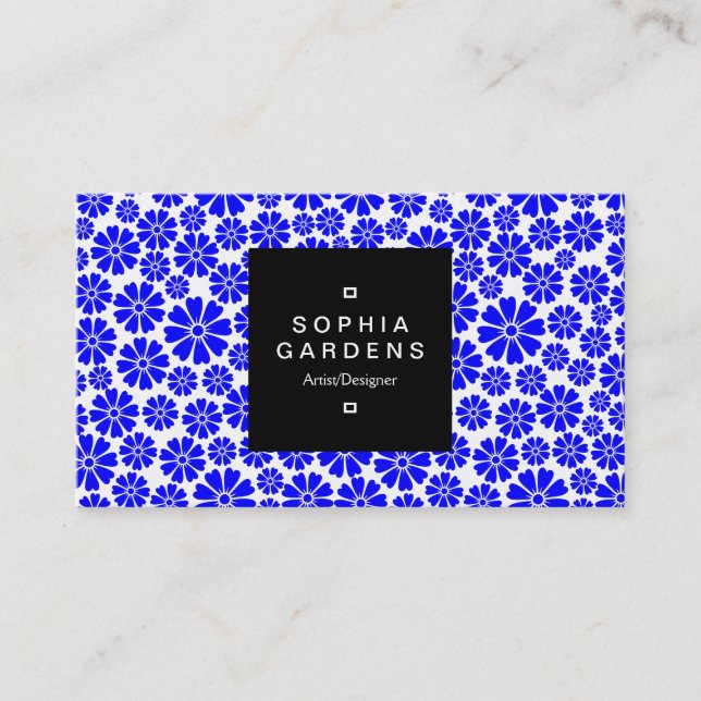 Square-etikett 01a - 8 Petals - Blue on White Visitkort (Framsida)