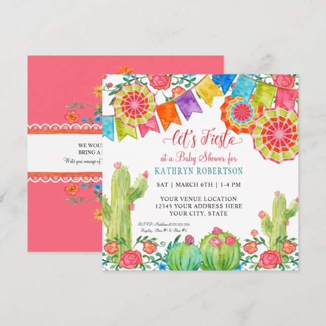 Square Fiesta Cactus Baby Shower Girl Papprare Flä Inbjudningar (Fram/baksida)