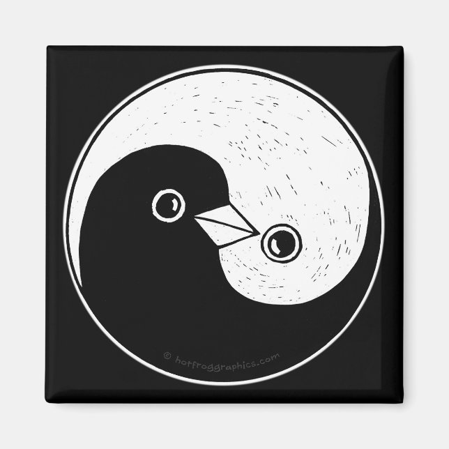 Square Fridge Magnet med b/w YinYang-fredsduvor. (Framsidan)