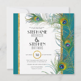 Square Guld Peacock Feather Modern Typography Inbjudningar