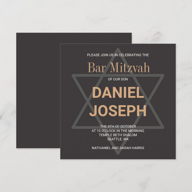 Square jewant star Pub Mitzvah - svart gyllene Inbjudningar (Fram/baksida)