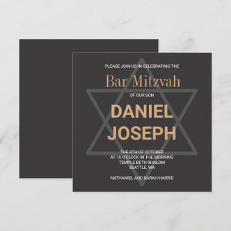 Square jewant star Pub Mitzvah - svart gyllene Inbjudningar