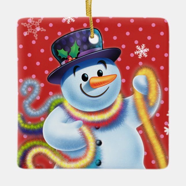 Square Julgran dekoration Snögubbe & tinsel. (Framsida)