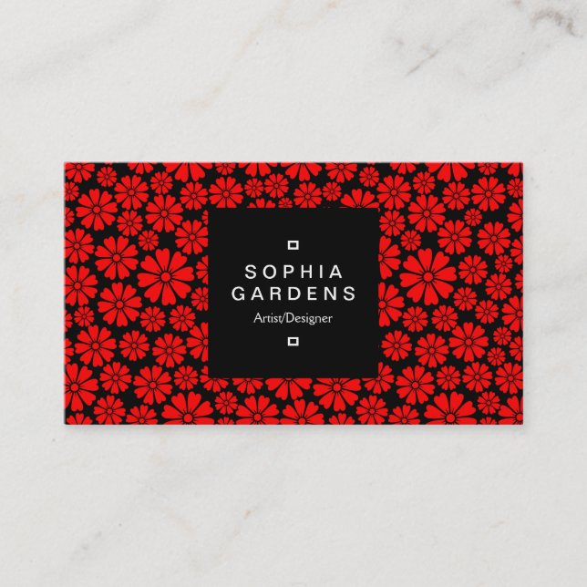 Square Label 01a - 8 Petals - Red on Black Visitkort (Framsida)