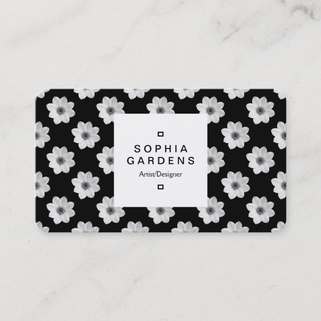 Square Label 03a - Dahlia Mönster Black Visitkort (Framsida)