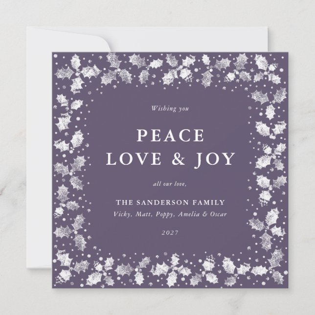 Square Lila Hand Prated Holly Peace Kärlek + Joy Julkort (Framsida)