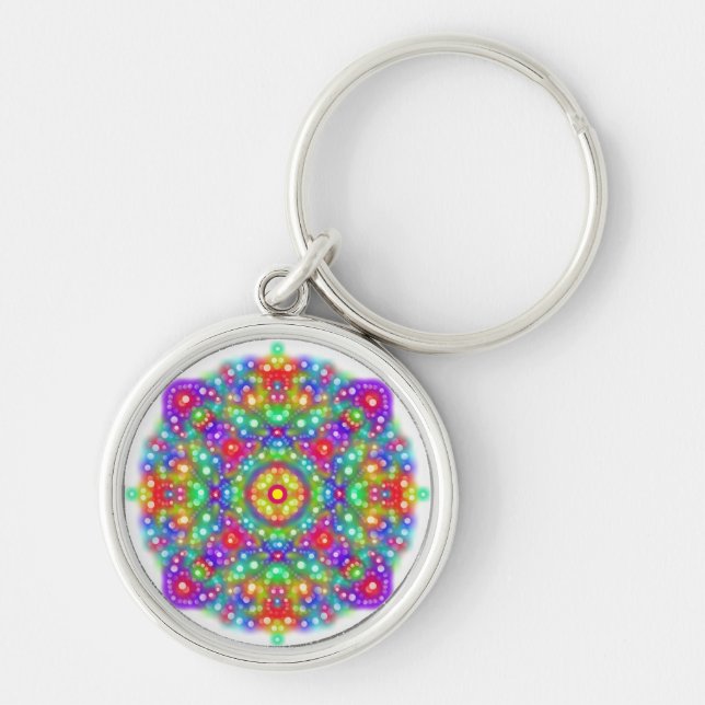 Square Mandala Boho Premium Round Keychain Rund Silverfärgad Nyckelring (Framsidan)