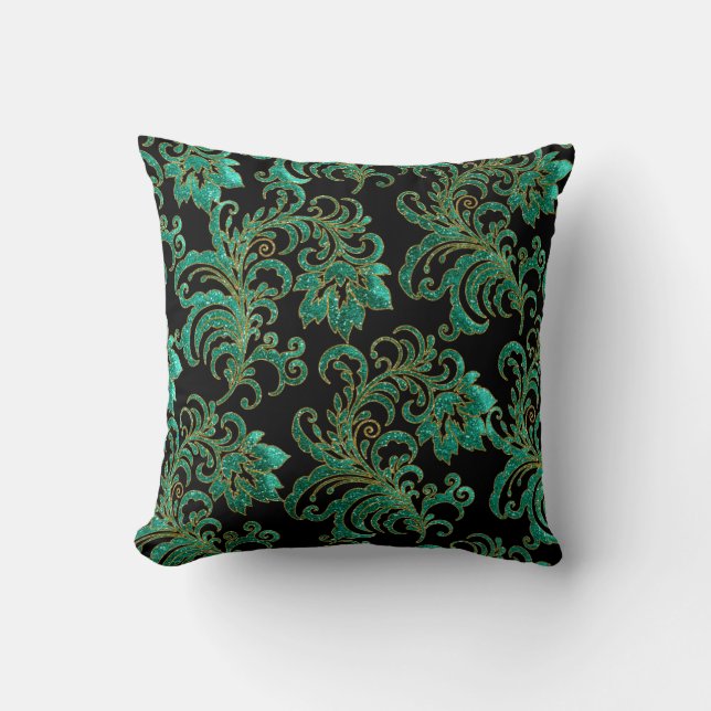 Square Pillow Jade Grönt Brocade Black Damask Kudde (Framsida)