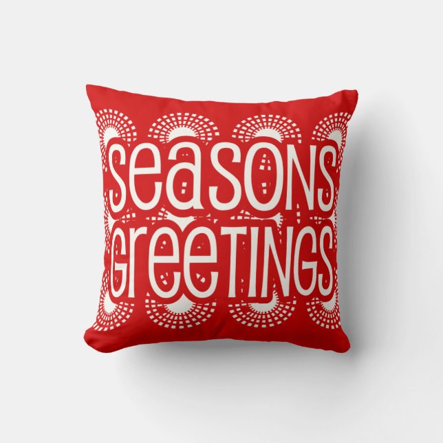 Square Red Seasons Greetings Throw Pillow Holiday Kudde (Framsida)