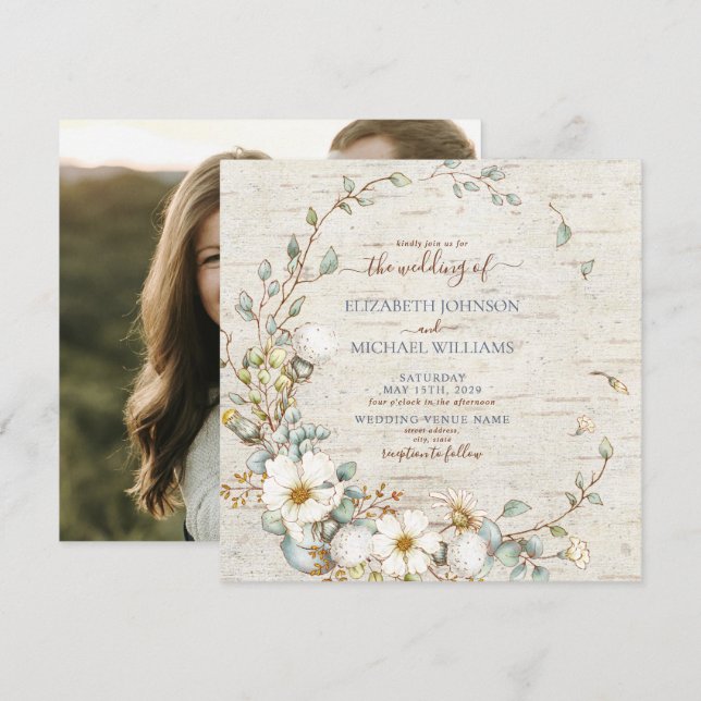 Square Rustic Dusty Blue & Cream Botanical Photo Inbjudningar (Fram/baksida)