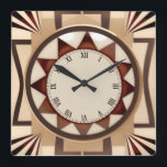 Square Sol Art Deco Clock - Faux Wooden Antique Fyrkantig Klocka<br><div class="desc">"art deco-klocka",  "art nouveau klocka",  "beige gräddbrun svart",  "1920-talets geometriska symmetriska linjer",  "snyggt sofistikerad 1920 stil",  "faux wooden wood sol rockor",  "retro vintage antique sunburst",  "elegant line mönster design",  "Squklocka",  "neutralt old mode onaturligt"</div>