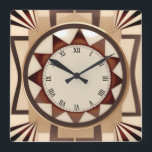 Square Sol Art Deco Clock - Faux Wooden Antique Fyrkantig Klocka<br><div class="desc">"art deco-klocka",  "art nouveau klocka",  "beige gräddbrun svart",  "1920-talets geometriska symmetriska linjer",  "snyggt sofistikerad 1920 stil",  "faux wooden wood sol rockor",  "retro vintage antique sunburst",  "elegant line mönster design",  "Squklocka",  "neutralt old mode onaturligt"</div>