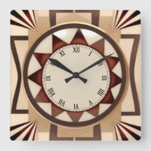 Square Sol Art Deco Clock - Faux Wooden Antique