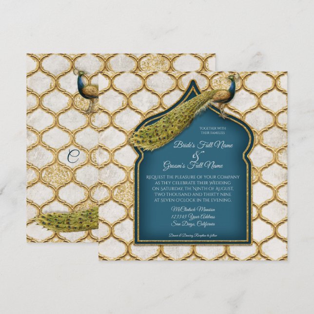 Square Vintage Peacock Arabesque Guld Bröllop Inbjudningar (Fram/baksida)