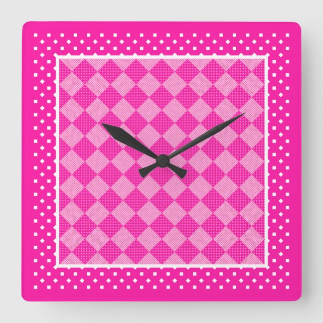 Square Wall Clock, Candy Rosa, Polka dots Fyrkantig Klocka (Framsida)