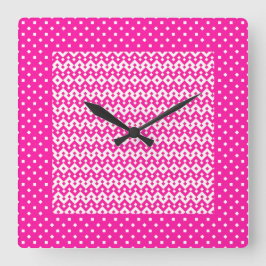 Square Wall Clock, Candy Rosa Zigzags, Polka dots Fyrkantig Klocka