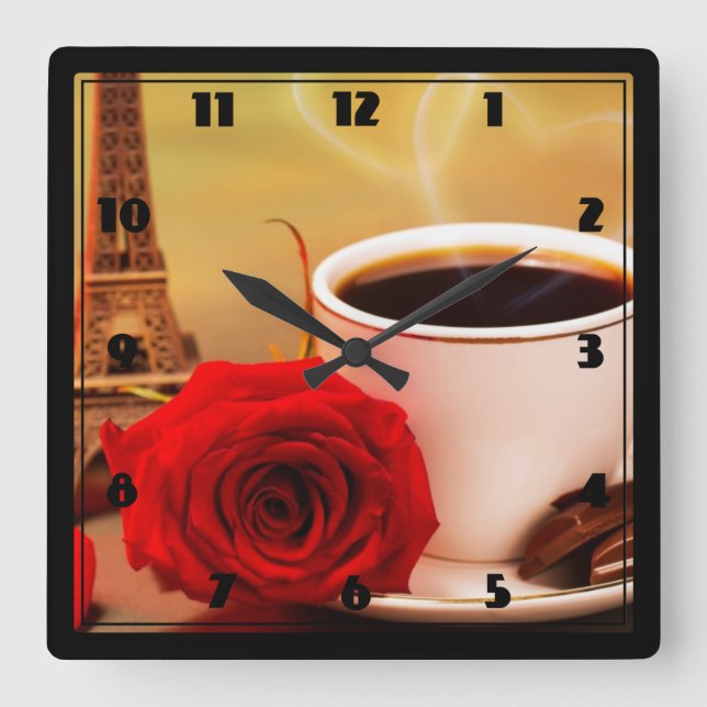 Square Wall Clock/Coffee Time i Paris Fyrkantig Klocka (Framsida)