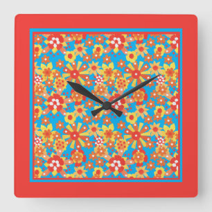 Square Wall Clock, Ditzy Orange Flowers Fyrkantig Klocka