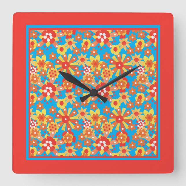 Square Wall Clock, Ditzy Orange Flowers Fyrkantig Klocka (Framsida)