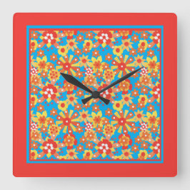 Square Wall Clock, Ditzy Orange Flowers Fyrkantig Klocka