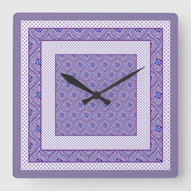 Square Wall Clock, Mauve, White Ogees och Polkas Fyrkantig Klocka (Framsida)