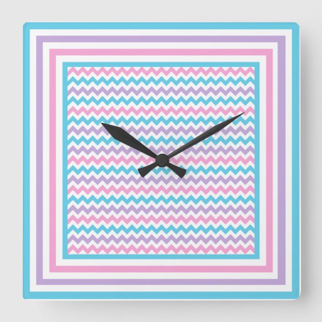 Square Wall Clock, Rosa, Mauve, Turquise Chevrons Fyrkantig Klocka (Framsida)