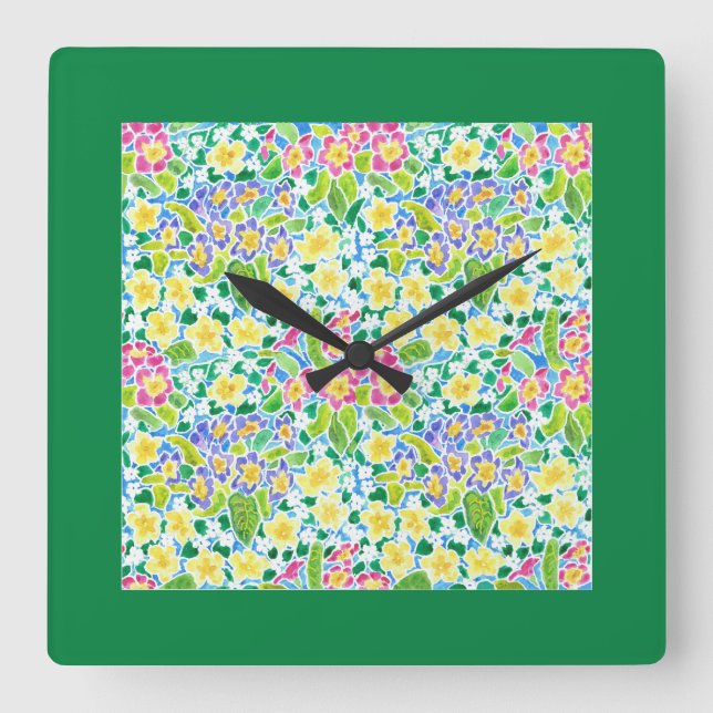 Square Wall Clock, Vår Primroses, Forest Grönt Fyrkantig Klocka (Framsida)