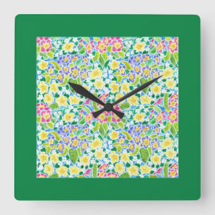 Square Wall Clock, Vår Primroses, Forest Grönt Fyrkantig Klocka